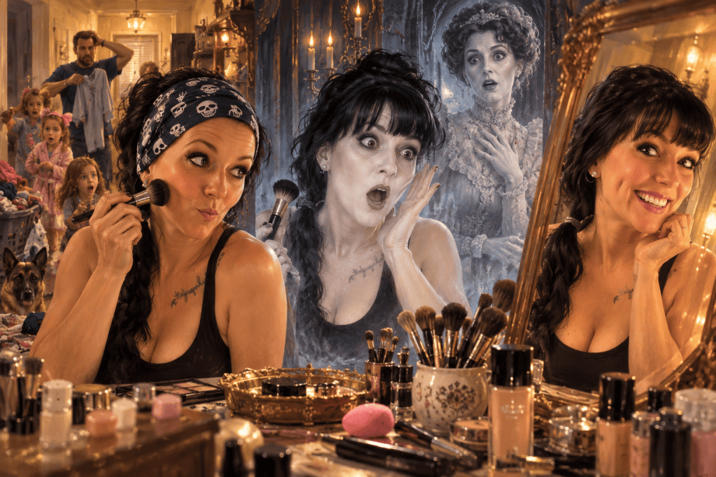 A woman applying makeup in front of a mirror, looking surprised while another version of herself appears shocked in the background. Children are playing and a dog is in the scene, adding a chaotic home atmosphere.